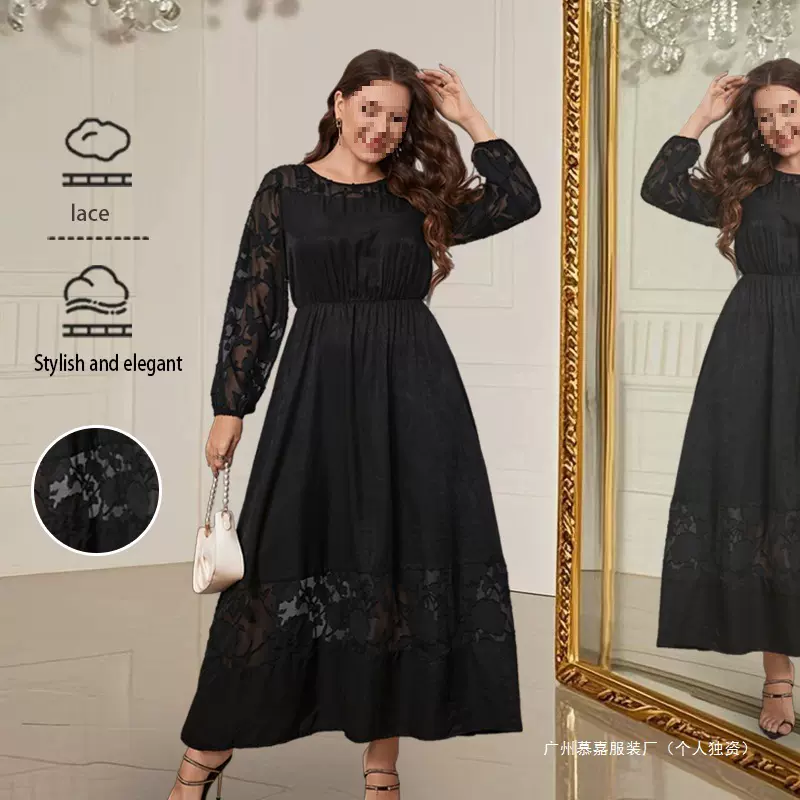 微胖过膝蕾丝连衣裙显瘦秋季跨境电商长袖气质高级感亚马逊热卖