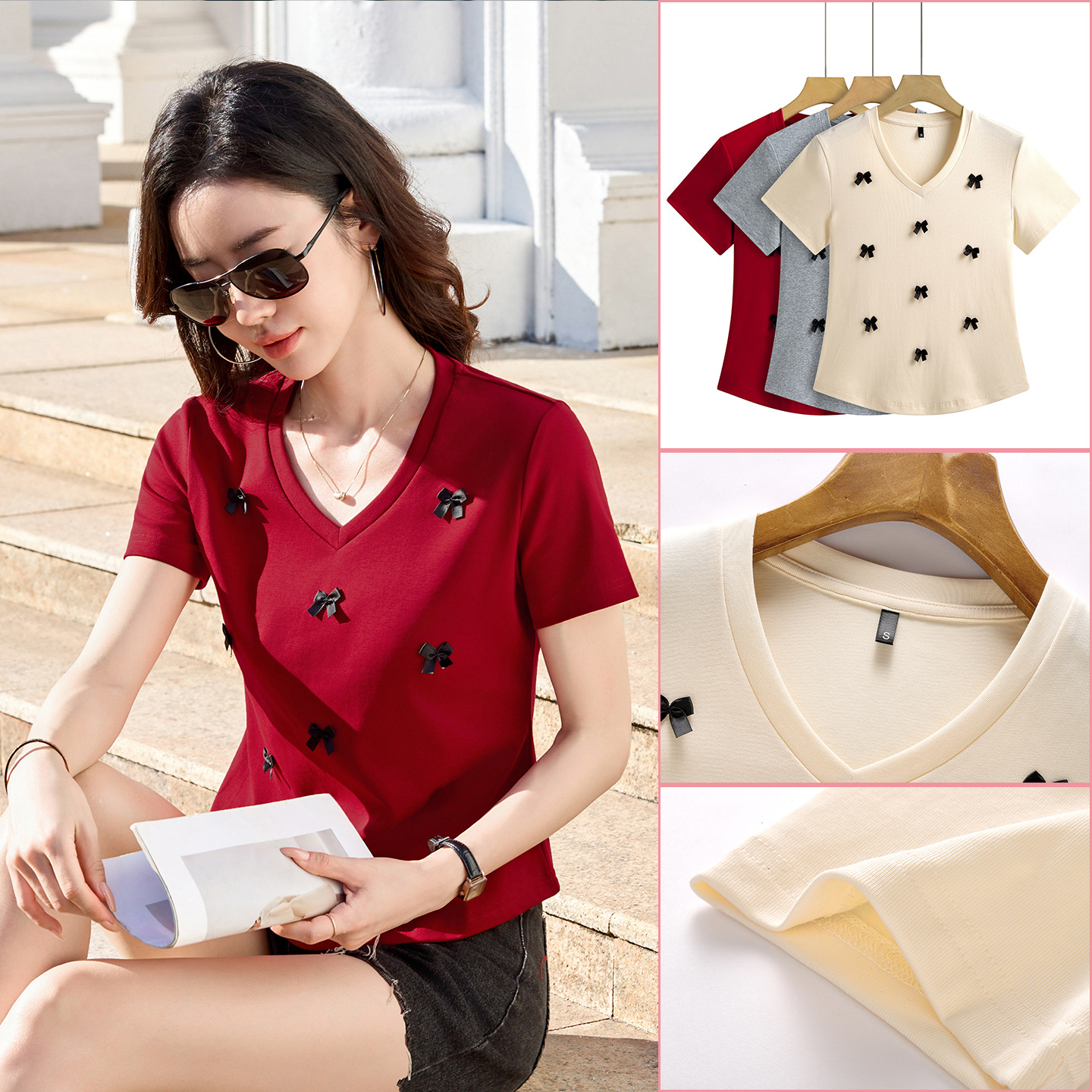 2026 Women's Three-Dimensional Bow Short-Sleeved T-Shirt Women's Summer Slim-Fitting Waist-Cinching Pleated Top 339