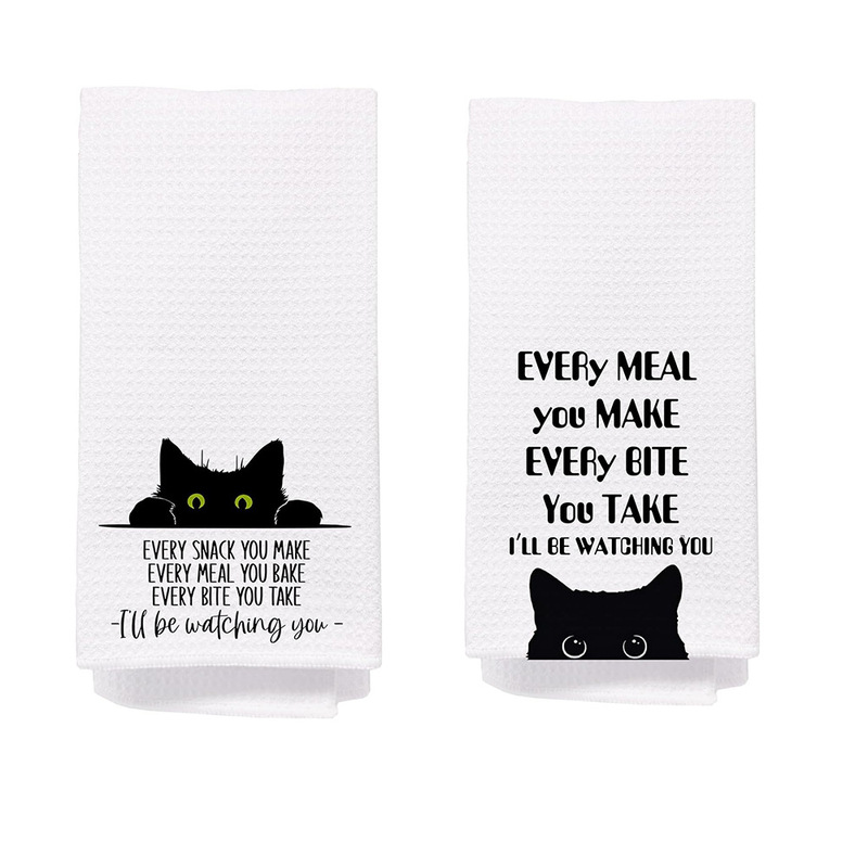 Cross-border TEMU supply microfiber waffle cake black cat 3D printed towel kitchen suction wash towel face towel