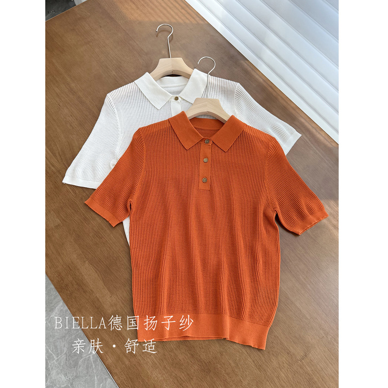 Yishu Lp Laqian 100% Fine Merino Wool Short-Sleeved Knitwear Women's Summer Cut Out Top Round Neck Polo