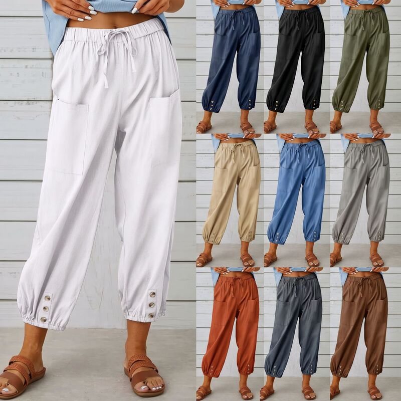 Factory direct, in-stock solid-color cropped pants for women, with drawstring and elastic waistband, harem-style, available in multiple colors, casual lantern pants, drop shipping available Factory direct, in-stock solid-color cropped pants for women, with drawstring and elastic waistband, harem-style, available in multiple colors, casual lantern pants, drop shipping available
