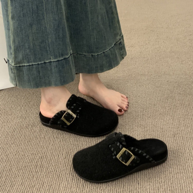 韩版复古晚晚风呢子包头半拖鞋女外穿一脚蹬厚底灰色毛毡勃肯鞋女|undefined