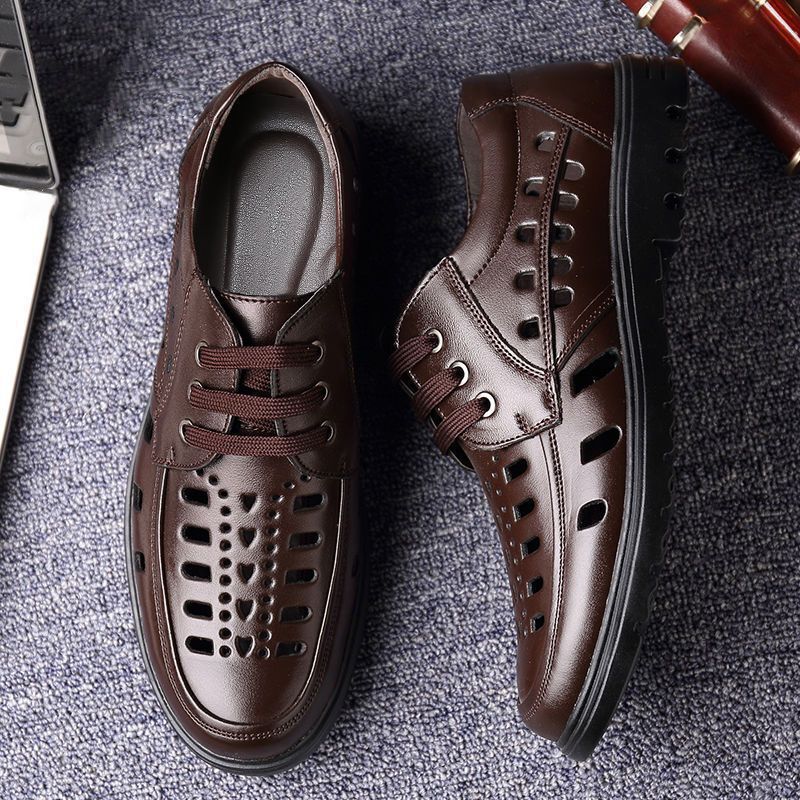 [100% full cowhide] genuine leather clearance leak-picking men's sandals thick bottom wear-resistant summer hollow breathable dad shoes
