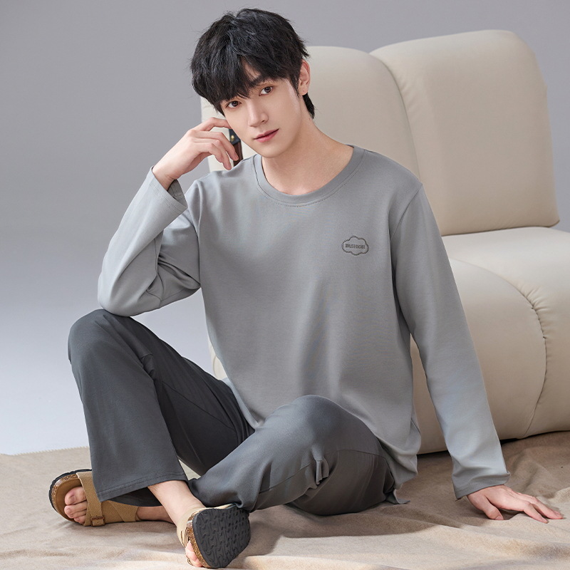 Pijamas de algodón de manga larga para hombres primavera y otoño ocio simple algodón 2024 nuevo conjunto de ropa de hogar de cuello redondo juvenil