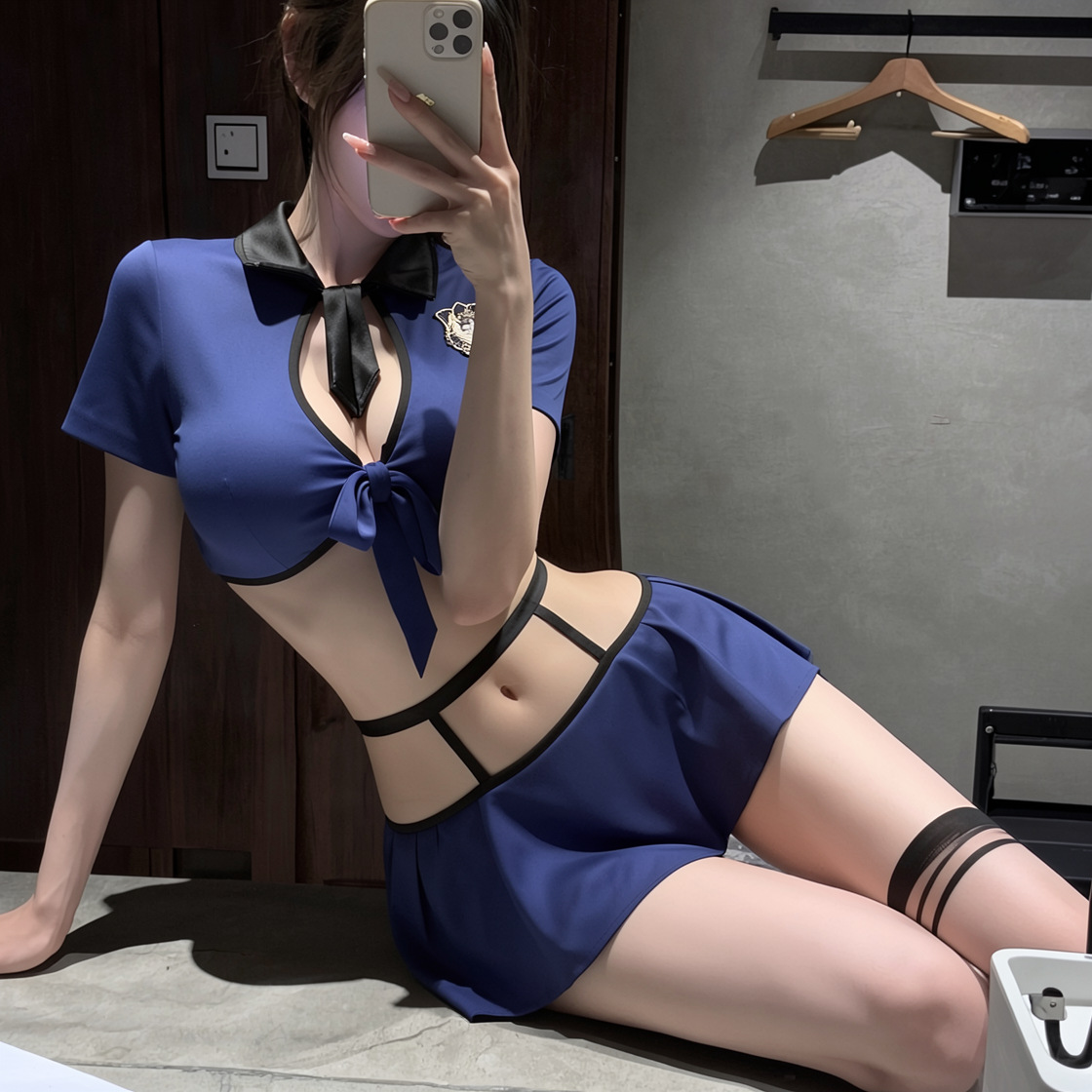 Navy Blue College-Style Two-Piece Costume Set with Tie Top and Pleated Mini Skirt — detail image 3