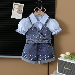 2025 new summer cross-border baby lapel shirt Denim waistcoat beads jeans three-piece set
