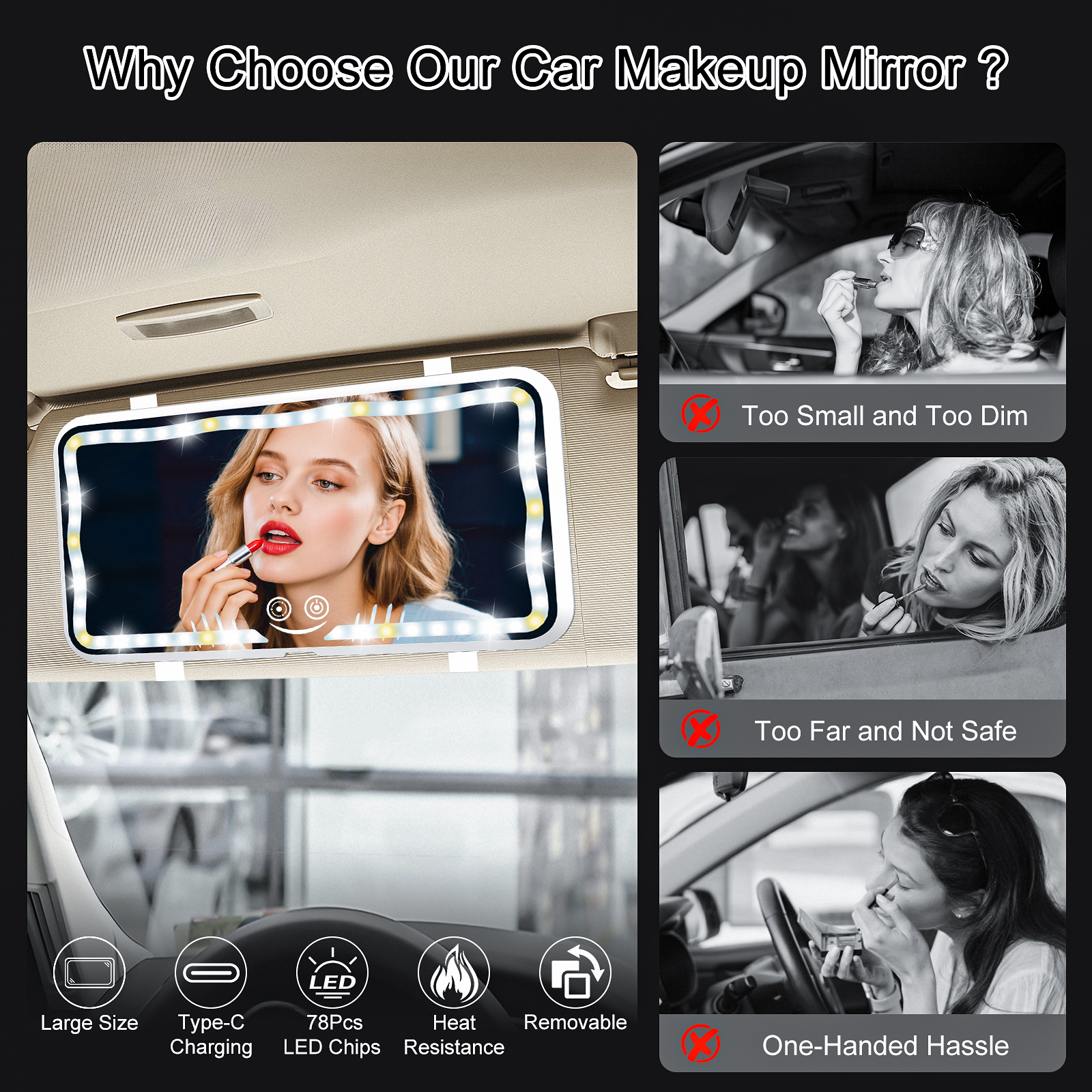 Cross-Border Car Sun Visor Makeup Mirror Led Car Makeup Mirror, New Appearance Design with Three Color Temperatures and Adjustable Lighting