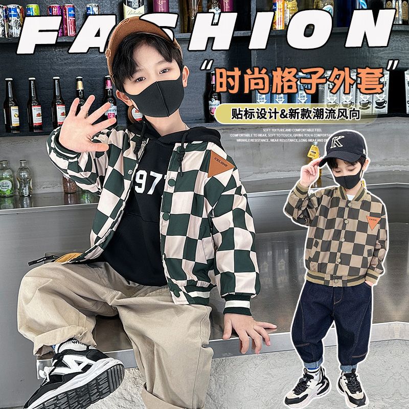 Muchachos de dibujos animados béisbol uniforme 2024 nueva capa primavera y otoño chaqueta los niños moda a cuadros superior
