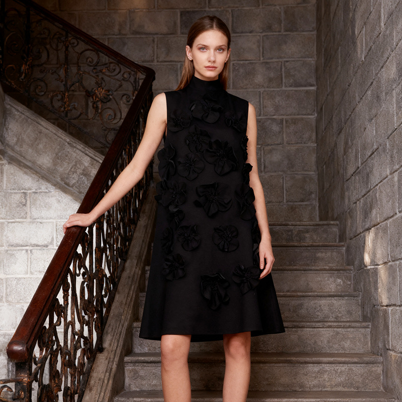 Retro Socialite Style Short Skirt 2026 Summer Stand-Up Collar Tie Bow Design Sleeveless Three-Dimensional Floral Dress for Women