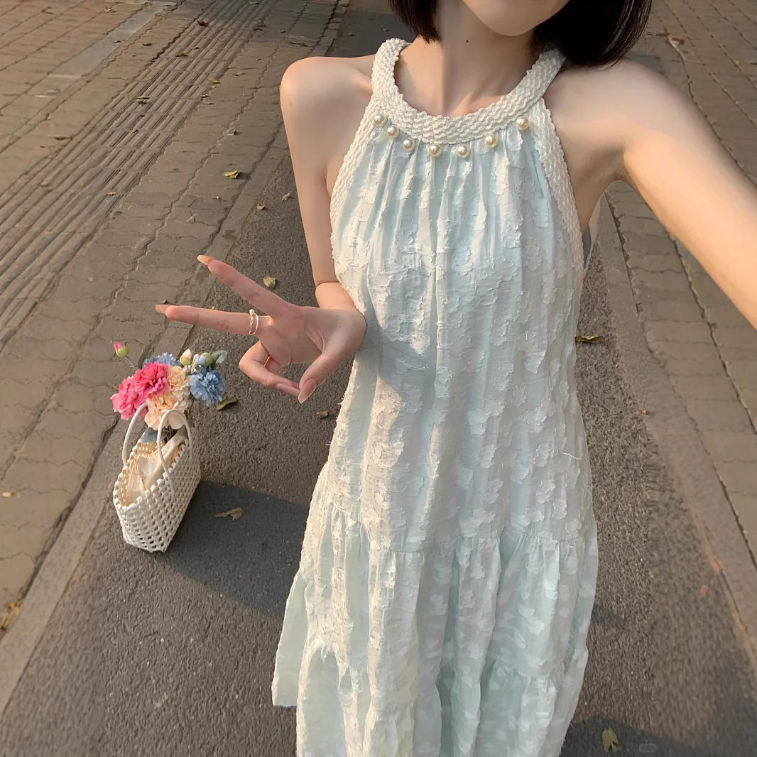 french style temperament pearl sleeveless halter dress women‘s summer new niche design seaside vacation style long dress