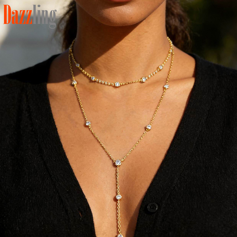 Women’s Round Zircon Double Chain Pendant Necklace Simple Versatile_voghion.com