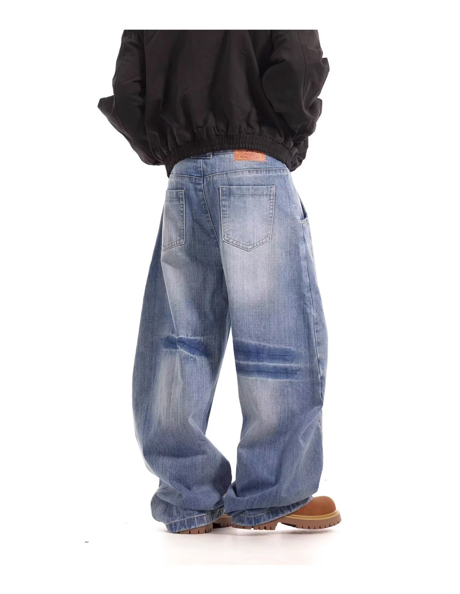 Unisex American Retro Washed Deconstructed Curved Jeans Loose Fitting Relaxed Style Wide Leg Slimming Casual Jeans_mkmklike.com