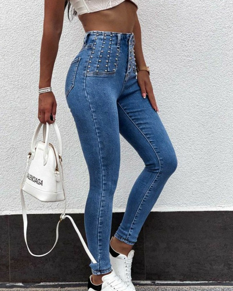 Women's Holiday Daily Simple Style Solid Color Full Length Button Jeans Skinny Pants display picture 12