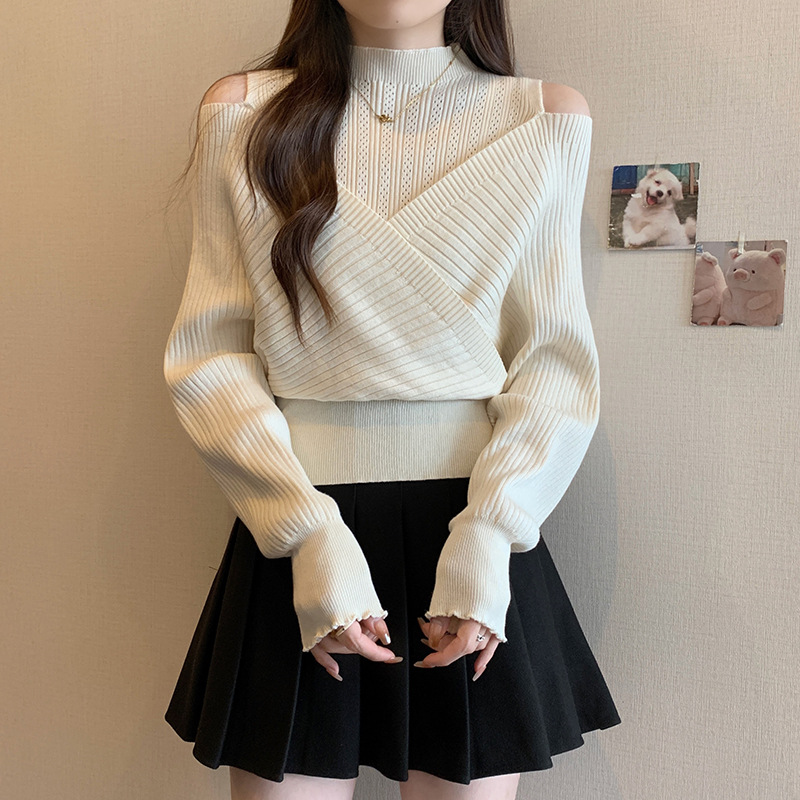 Off-Shoulder Half Turtleneck Beautiful Knitted Knitwear for Women in Early Spring, Large Size Fat Waist Slimming Fake Two-Piece Bottoming Shirt Top