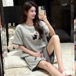 夏季新款纯棉女短袖短裤套头睡衣网红卡通休闲女家居服