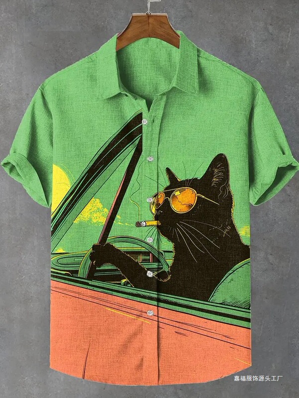 Hawaiian Shirt for Men, Fun Aloha Shirt, Full Summer Short-Sleeve, Printed with a 3D Cat Design Hawaiian Shirt for Men, Fun Aloha Shirt, Full Summer Short-Sleeve, Printed with a 3D Cat Design