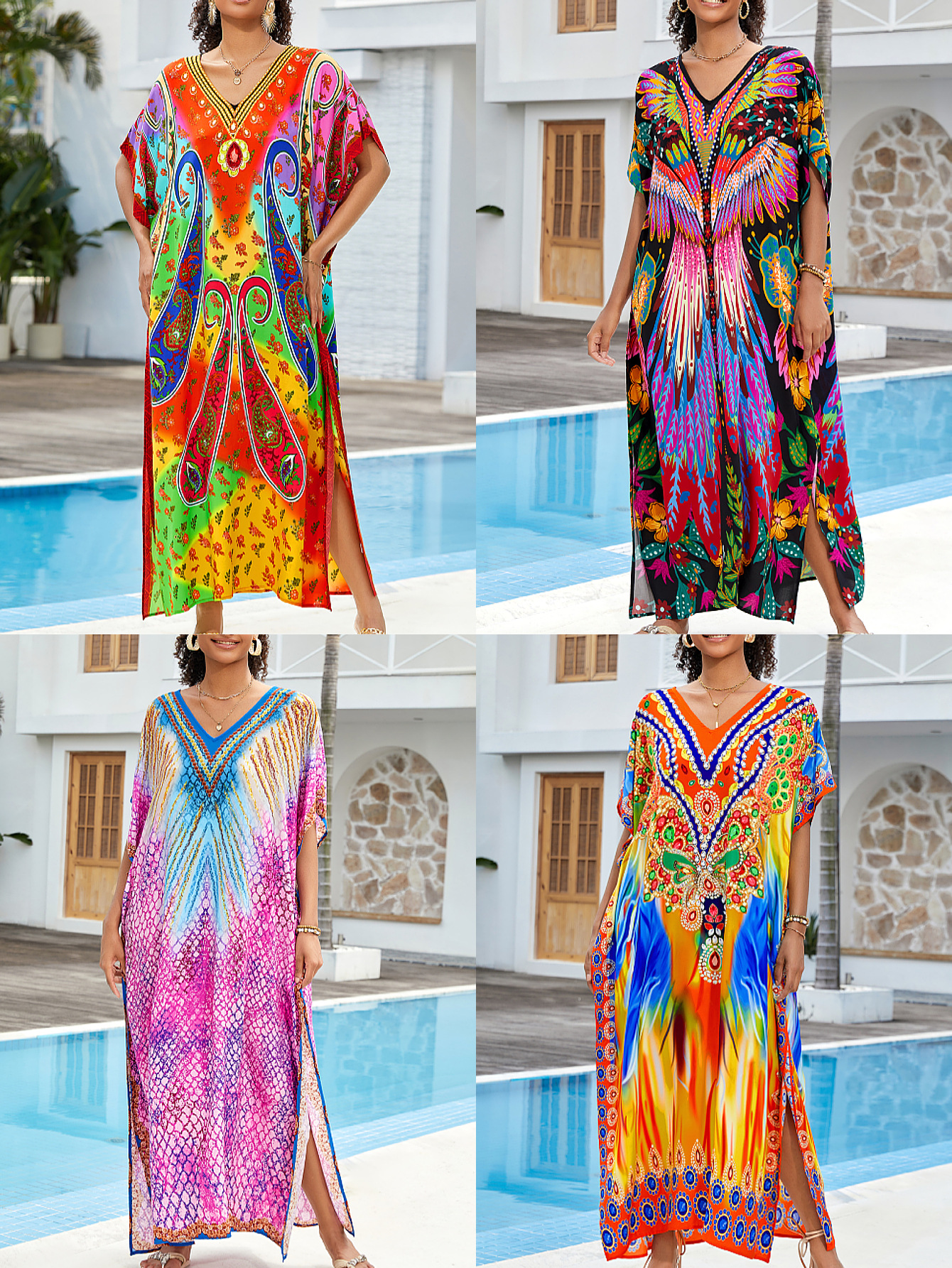 Camiseta de playa de algodón impresa bohemia vestido de manga de murciélago vestido bikini camiseta protector solar AT669