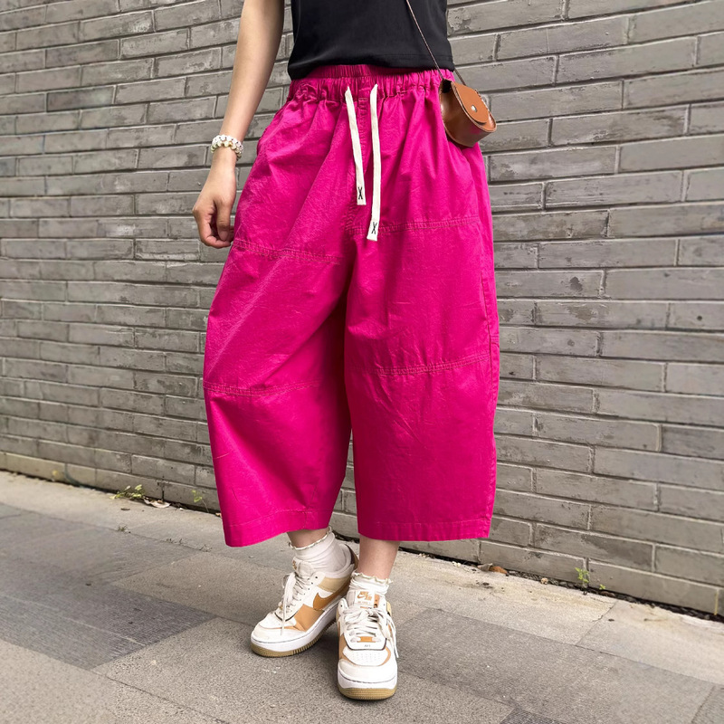 2026 Summer New Versatile Artistic Loose Cotton Elastic Waist Plus-Size Slimming Casual Pants Cropped Pants