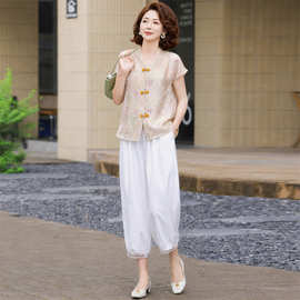 新中式妈妈夏季洋气短袖t恤小衫中老年女衬衫国风时尚上衣服套装