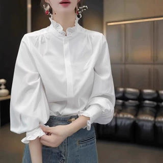 简约法式气质白色荷叶领长袖衬衫女春季新款时髦百搭显瘦叠穿衬衣