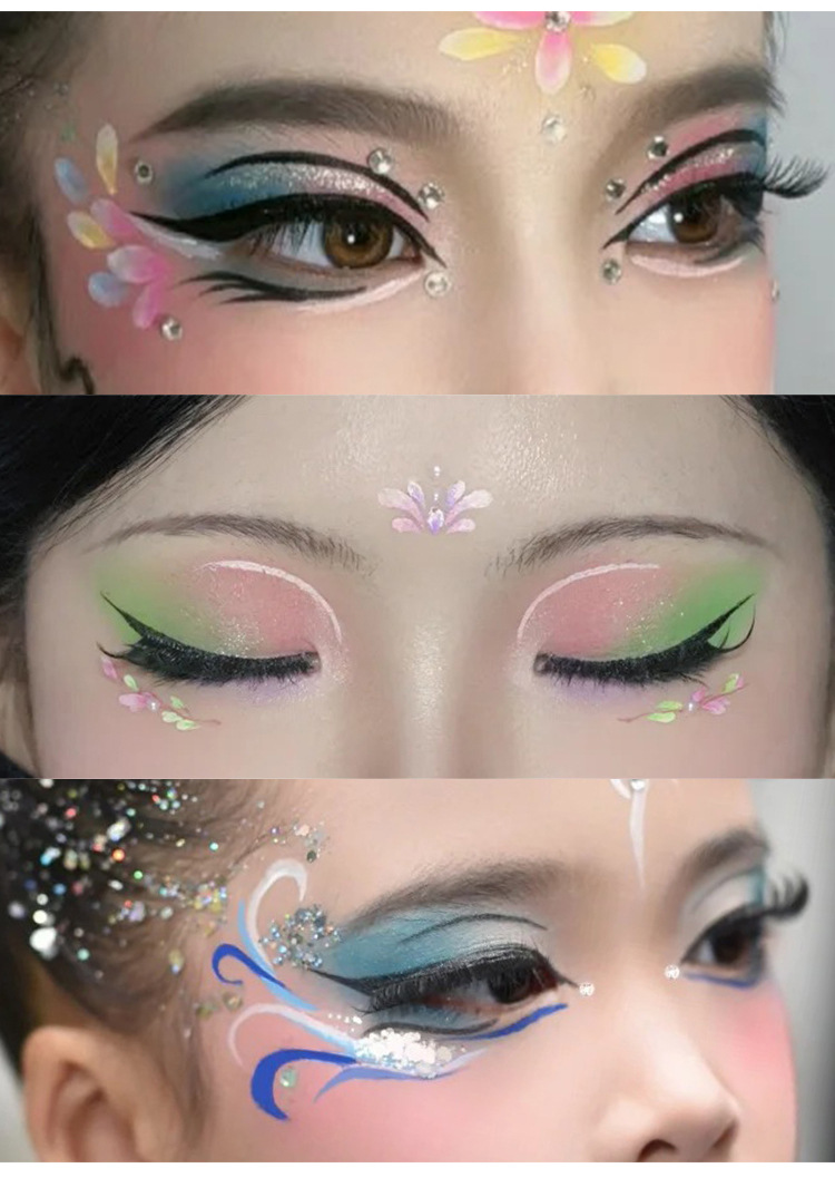 The student stage makeup with colorful eyeshadow, featuring a special blue, green, purple and pearlescent eyeshadow palette, showcases a dazzling performance of makeup undefined
