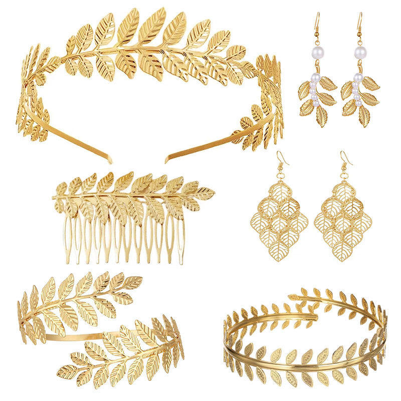 European and American Cross-Border Wholesale Bridal Leaf Headband Golden Goddess Leaf Hair Comb Headband Bracelet Pearl Earrings Set European and American Cross-Border Wholesale Bridal Leaf Headband Golden Goddess Leaf Hair Comb Headband Bracelet Pearl Earrings Set