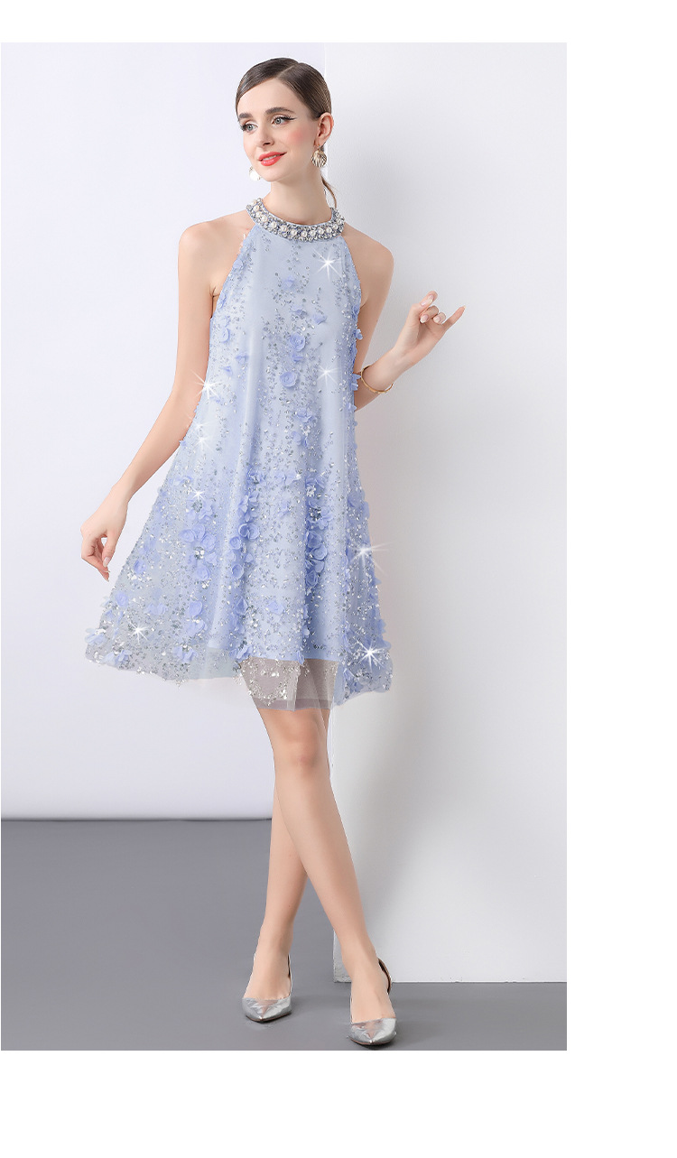 Đầm maxi cổ đeo hoa nổi đính hạt sang trọng Âu Mỹ tôn dáng mùa hè — Màu xanh lam, Màu hồng chi tiết 17