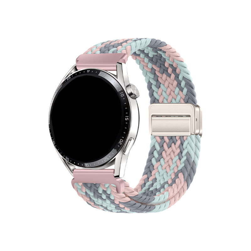 Correa de reloj deportiva trenzada de nailon con hebilla magnética de cuatro puntos y anilla metálica, compatible con las series Huawei, Samsung y Garmin.