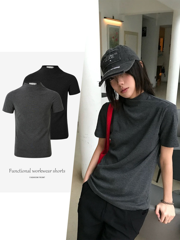【JMWH】Slight Vogue丨クロスワンピースカラー右肩ポリフォニーニットスリムTシャツは着痩せ効果抜群で万能|undefined