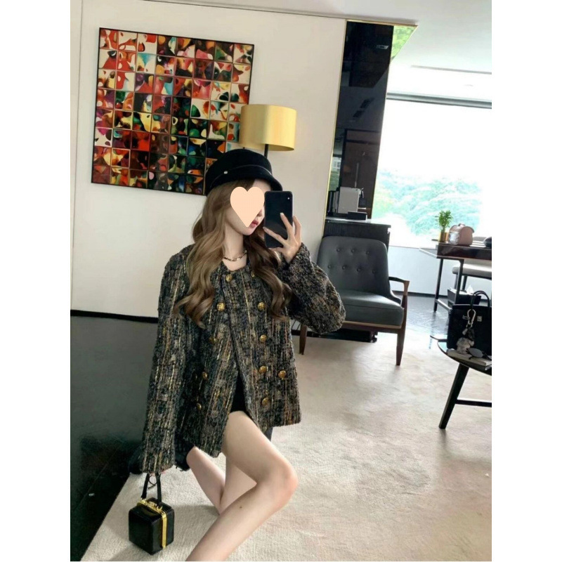 Black Gold Tweed Jacket for Women 2025 Spring & Fall Petite High-End Versatile Western Style Woven Top