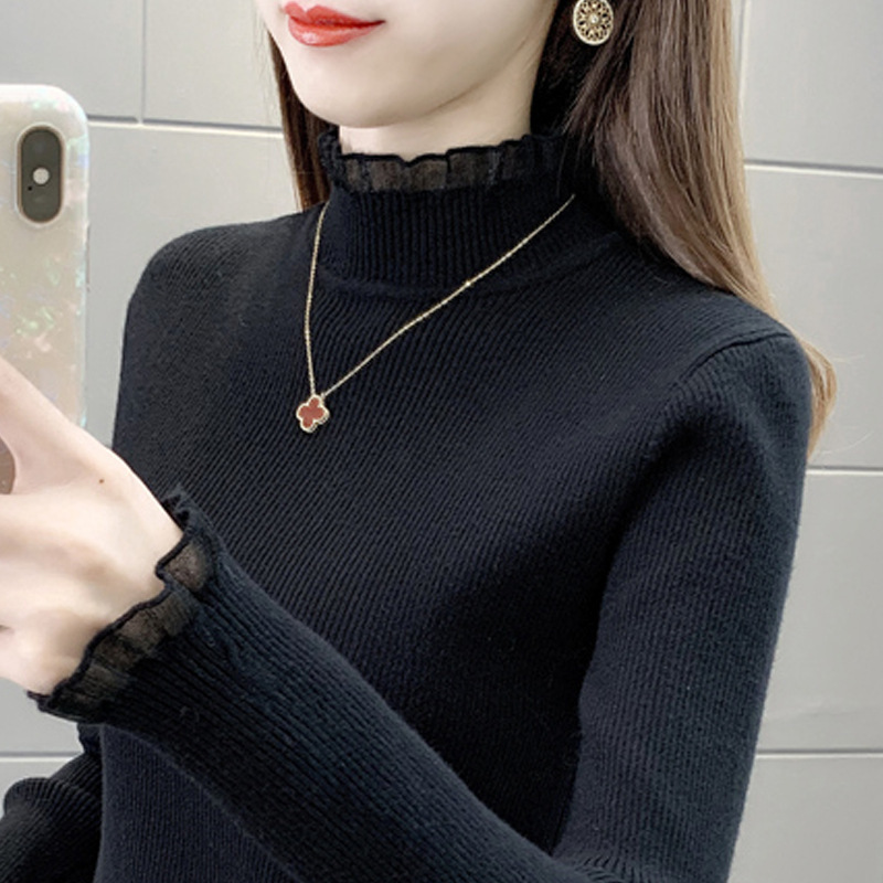 2023 autumn and winter New lace bottoming black western style inner half turtleneck sweater women's sweater top