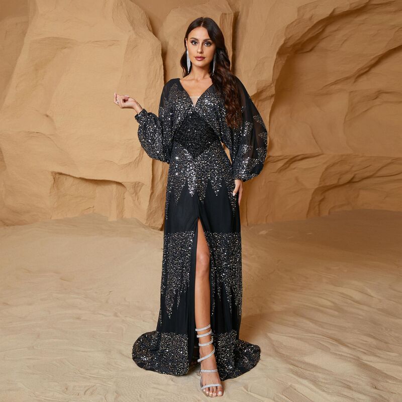 Explosive cross-border European and American French dress long sleeve sequined evening dress chiffon V-neck split waist dress women's clothing