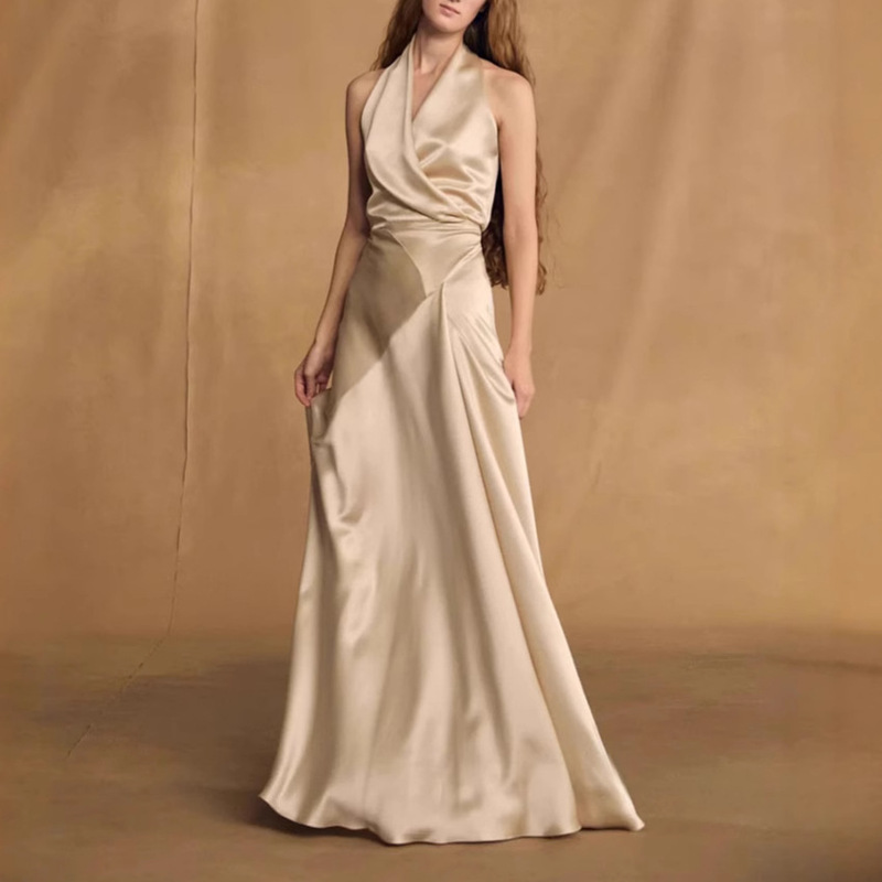 Spanish Cort Spring/Summer Acetate Crepe Bias-Cut Satin Champagne-Colored Halter-Neck Tie Dress