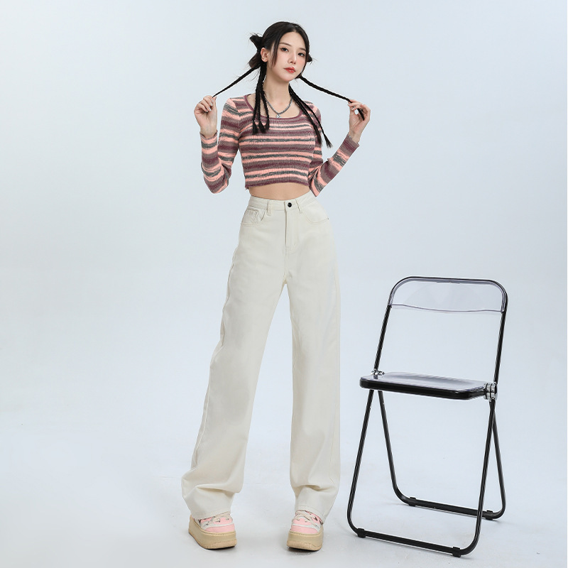 女性のための白いジーンズ 2025 春の新作ハイウエストルーズスリムブラックストレートフロアレングスパンツドレープワイドレッグパンツ|undefined