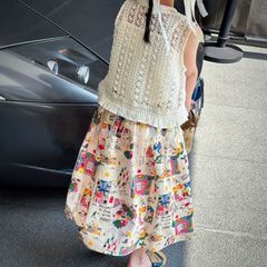 韓國童裝2024新款潮女童親子流蘇鏤空小背心+碎花半身裙套裝潮