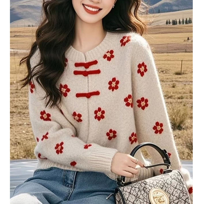 新中式国风红色花朵毛衣女装秋冬季重工小衫内搭独特漂亮针织上衣|undefined