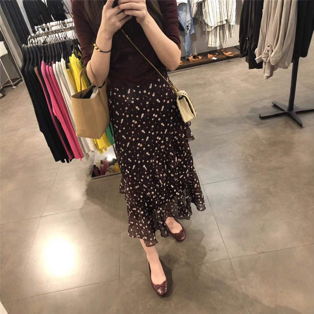 Милая юбка-трапеция с оборками в Корейском стиле, юбка средней длины, женская шифоновая юбка с высокой талией и цветочным принтом, длинная юбка на лето