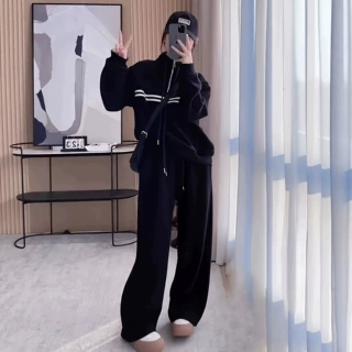 亚马逊女士杠条气质立领设计感卫衣套装窄版阔腿休闲裤宽松两件套