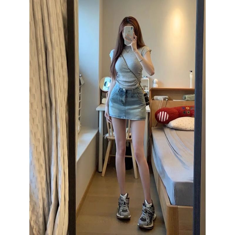 Vintage Spice Girl Denim Short Skirt Women's Summer New Arrival Lined Anti-running Light Skirt Sheath Half Skirt