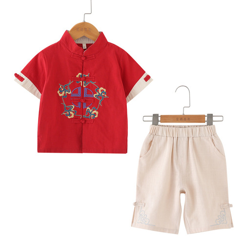Chinese ethnic style children's cotton linen set, Hanfu baby Chinese-style Tang suit for boys, summer clothing for children, Confucianism dress for first birthday celebration.