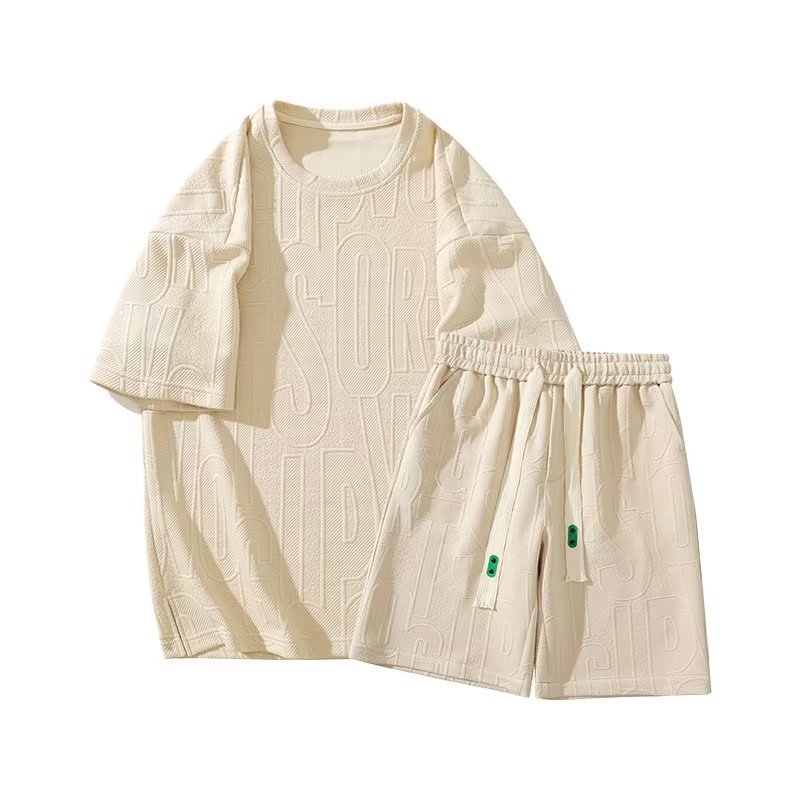 Waffle pesado traje de camiseta de cinco puntos para hombres ins Hong Kong estilo verano casual moda suelta pantalones de cinco puntos traje deportivo