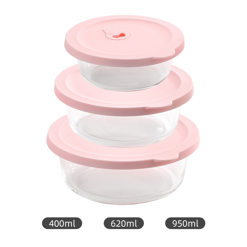 Caja de almuerzo de vidrio de borosilicato redondo trabajo horno de microondas caja de almuerzo resistente a altas temperaturas refrigerador crisper de vidrio fábrica en stock