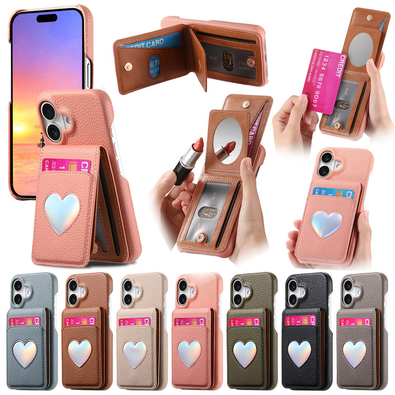 New Model Suitable for Apple iPhone 17/16, Lychee Pattern Phone Case, Fresh Style Rfid Card Holder Protective Cover