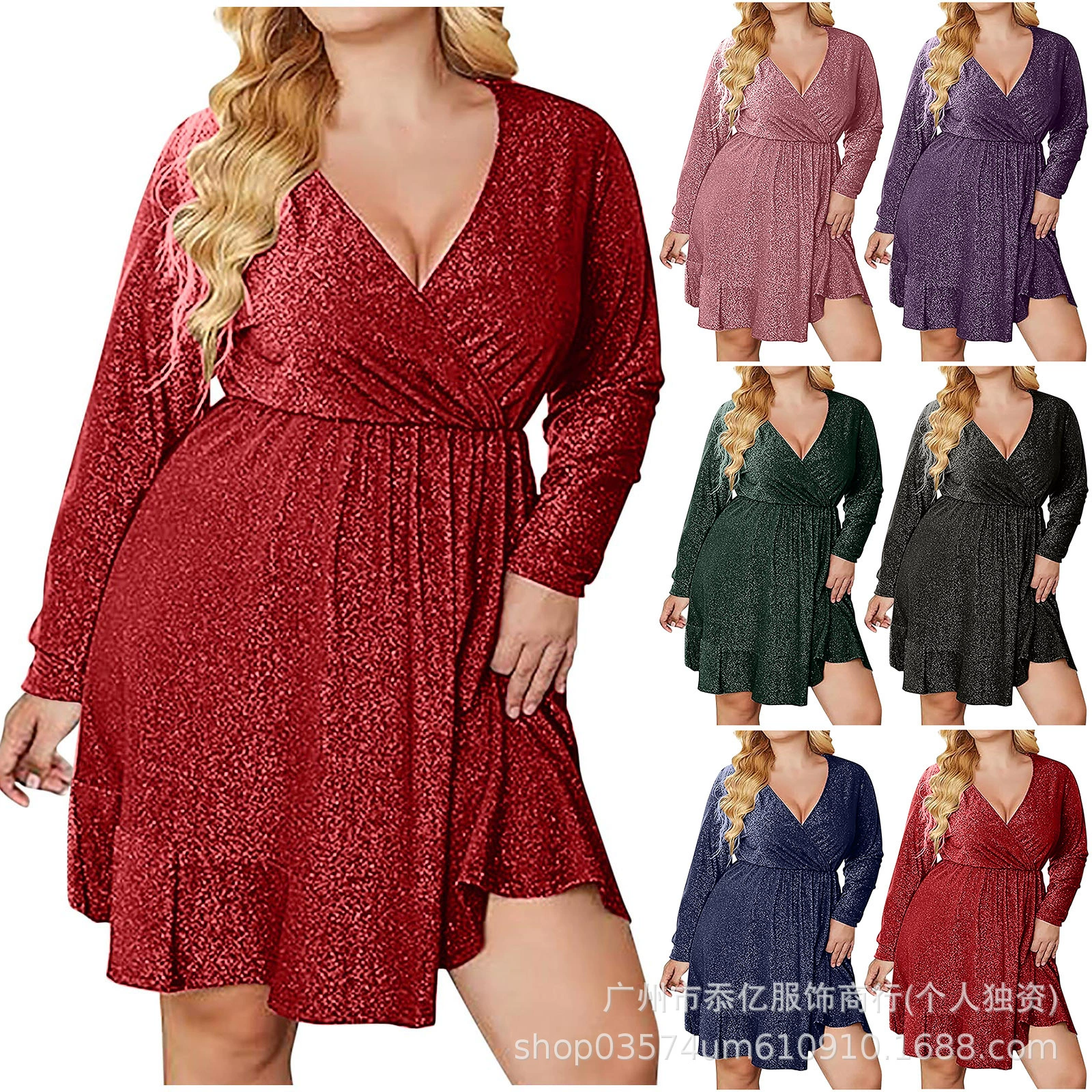 Трансграничное платье с V-образным вырезом для женщин Amazon моды сплошной цвет сексуальная талия