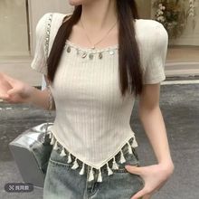 韩系设计感短袖t恤女夏季不规则下摆气质超好看正肩短款内搭上衣