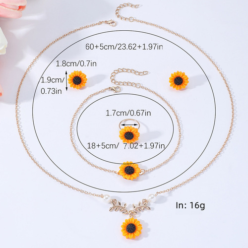 Hot-selling European and American style creative sunflower necklace, sunflower earrings, ring, flower bracelet four-piece set from manufacturer