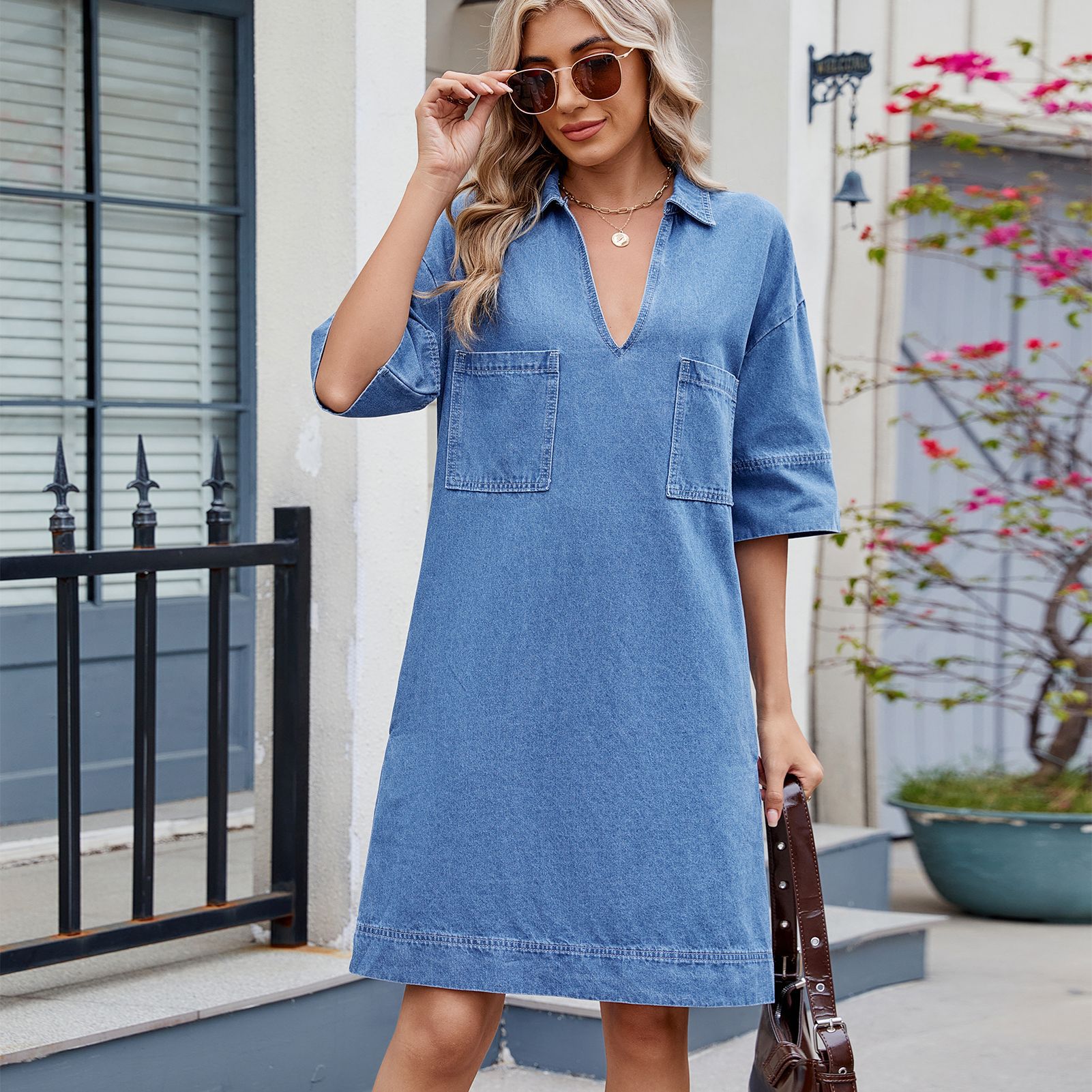 Women Spring Summer Washed V neck Loose Short Sleeve Dress Midi Dress