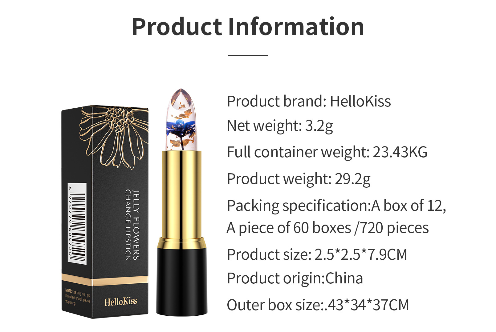Hellokiss jelly Flower Lipstick Moisturizing, hydrating, long-lasting and color-enhancing gold foil thermochromic lipstick is selling well across borders Specification drawing