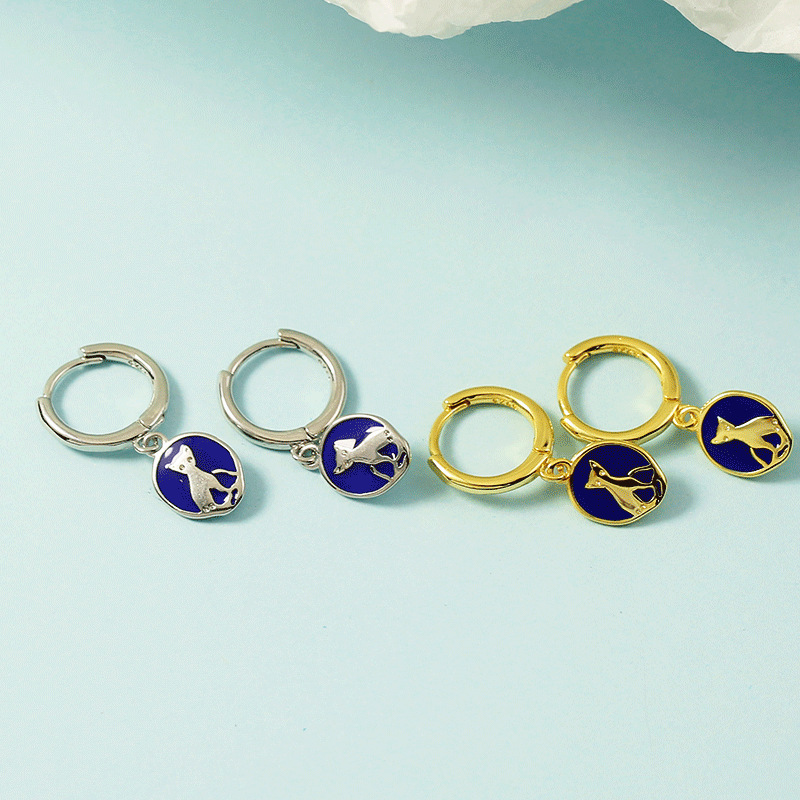 Korean and Japanese Simple Round Cat Earrings for Women Blue Glue Geometric Oval Tag Retro Girly Heart Cute Earrings