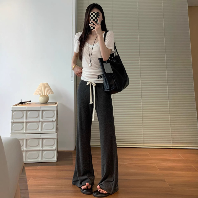 Women's Gray Flared Pants, Spring and Summer Thin High-Waisted Cool and Drapey Slimming Yoga Casual Trousers